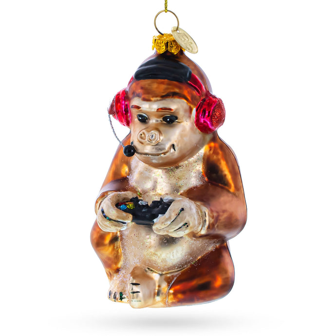 Monkey Video Gamer Glass Christmas Ornament
