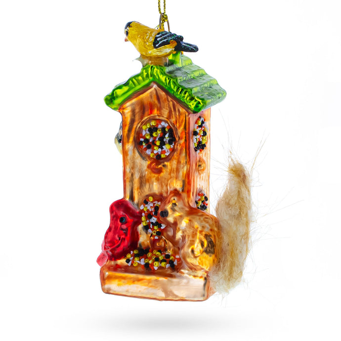 Woodland Bird Feeder with Squirrel Glass Christmas Ornament