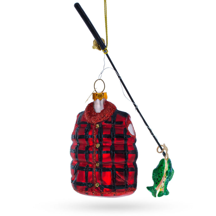 Fisherman Jacket and Rod Glass Christmas Ornament