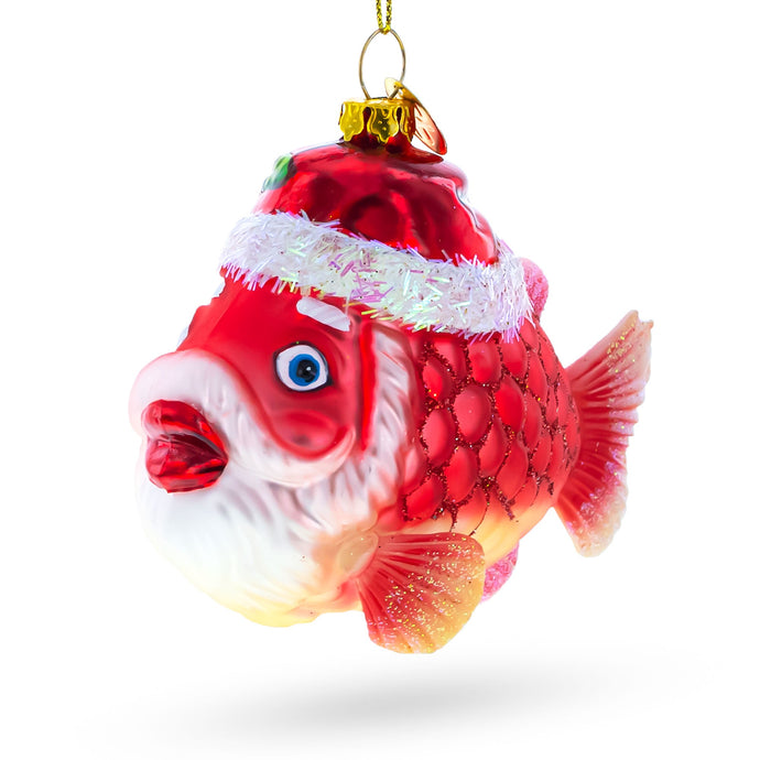 Grandpa Fish in Santa Hat Glass Christmas Ornament