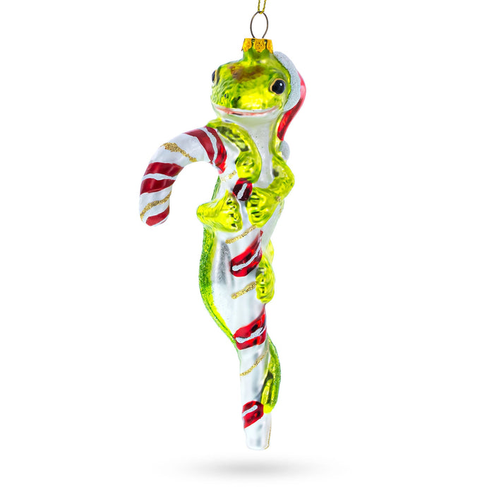 Gecko with Candy Cane Glass Christmas Ornament