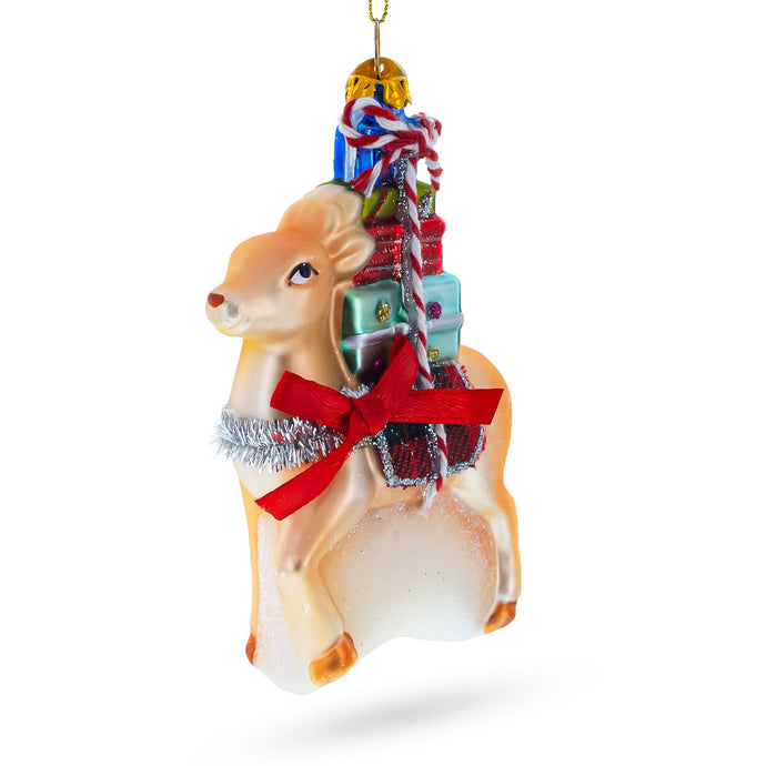 Deer Carrying Gifts Glass Christmas Ornament