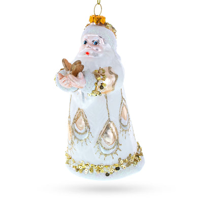 Santa in White Coat Glass Christmas Ornament