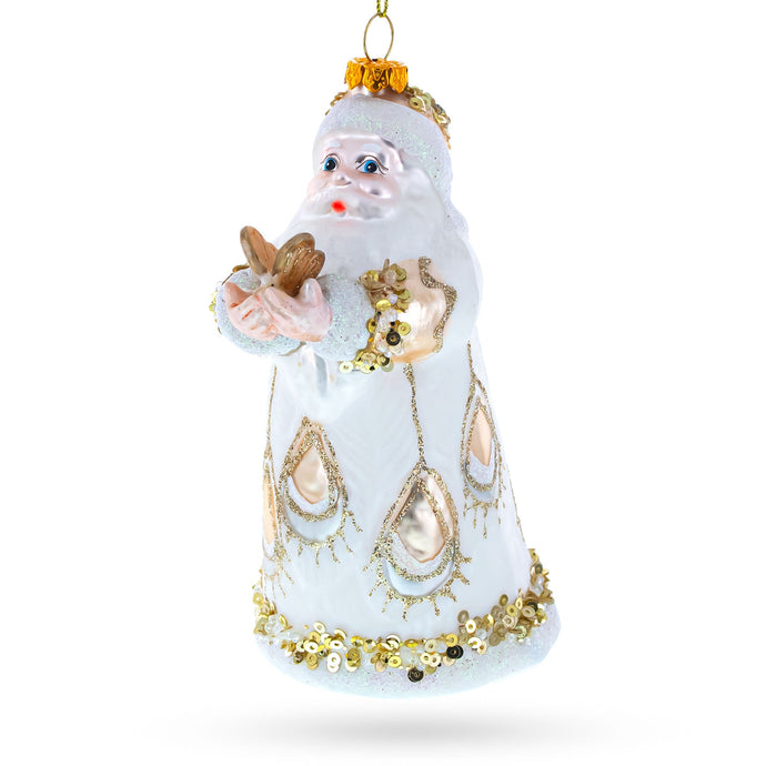 Santa in White Coat Glass Christmas Ornament