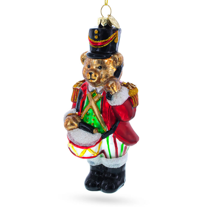 Teddy Bear Drummer Glass Christmas Ornament