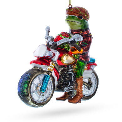 Frog Riding Motorcycle Glass Christmas Ornament