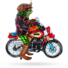 Load image into Gallery viewer, Frog Riding Motorcycle Glass Christmas Ornament