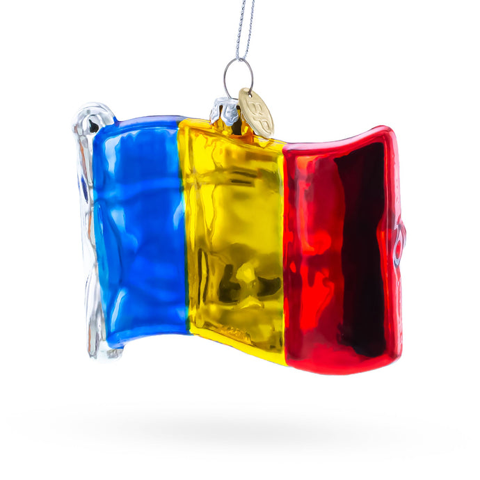 Waving Flag of Romania Glass Christmas Ornament