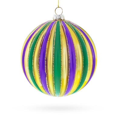 Striped Purple, Green, and Gold Glass Ball Christmas Ornament