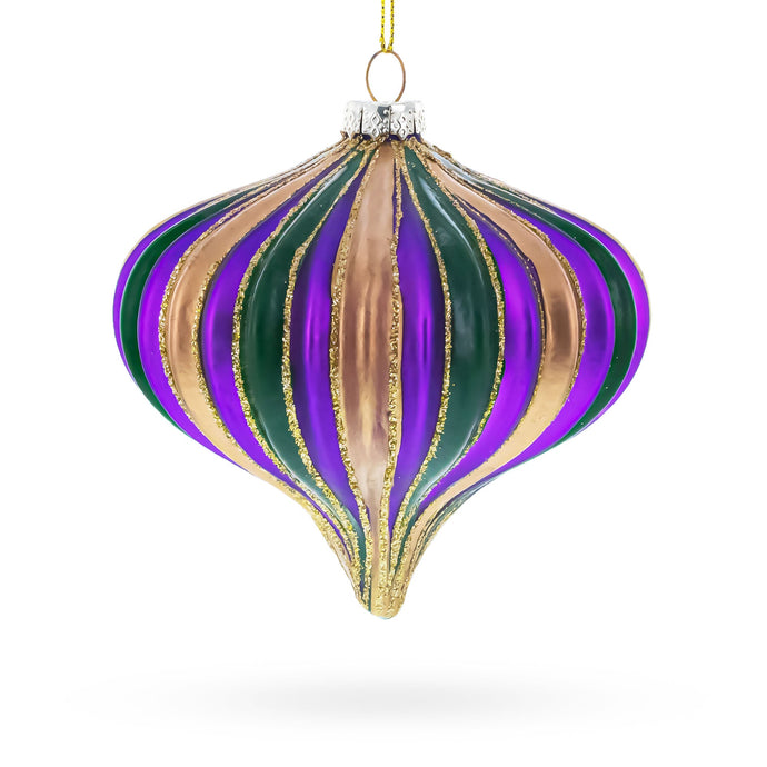 Striped  Purple, Green, and Gold Onion Finial Glass Christmas Ornament