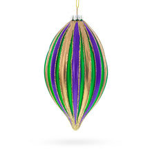 Load image into Gallery viewer, Striped Purple, Green, and Gold Teardrop Finial Glass Christmas Ornament
