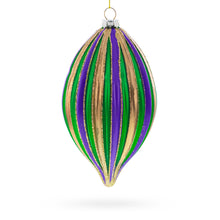 Load image into Gallery viewer, Striped Purple, Green, and Gold Teardrop Finial Glass Christmas Ornament