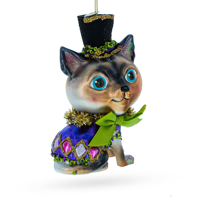 Cat in Top Hat with Bow Tie Glass Christmas Ornament