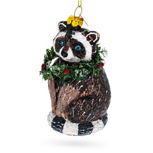 Load image into Gallery viewer, Racoon with Wreath Glass Christmas Ornament