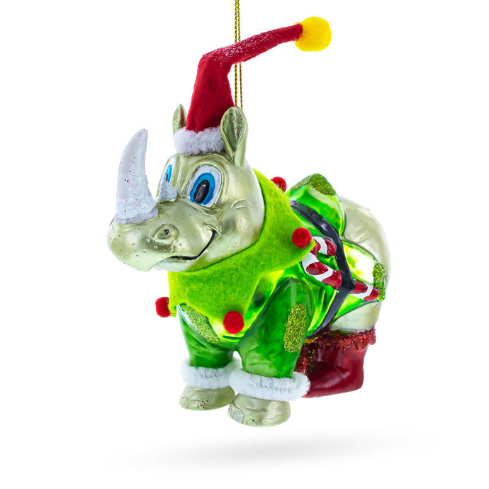Rhino in Santa Hat Glass Christmas Ornament