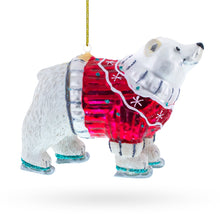 Load image into Gallery viewer, Polar Bear Wearing a Festive Sweater Glass Christmas Ornament