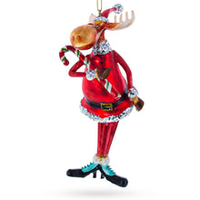 Load image into Gallery viewer, Chubby Moose with Candy Cane Glass Christmas Ornament