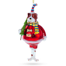 Load image into Gallery viewer, Dog in Fur Hat Holding Tree Glass Christmas Ornament