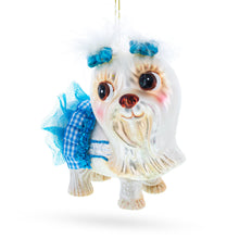 Load image into Gallery viewer, Maltese Dog in Blue Outfit Glass Christmas Ornament