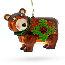 Load image into Gallery viewer, Brown Bear Holding a Poinsettia Glass Christmas Ornament