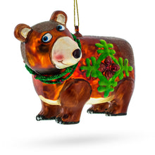 Load image into Gallery viewer, Brown Bear Holding a Poinsettia Glass Christmas Ornament