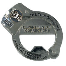Load image into Gallery viewer, BL4-011 CERT Thin Gray Line HANDCUFFs Challenge Coin Bottle Opener Beard Gang Skull Corrections Correctional Officer