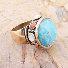 Load image into Gallery viewer, Champs Blue Turquoise and Coral Golden Statement Ring