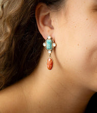 Load image into Gallery viewer, Champs Blue Turquoise and Orange Coral Post Drop Golden Earrings