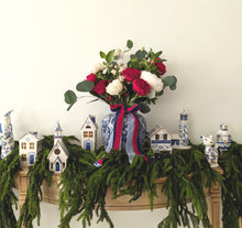 Load image into Gallery viewer, Blue and White Toile Christmas Village 3-Piece Set with 22K Gold Accents