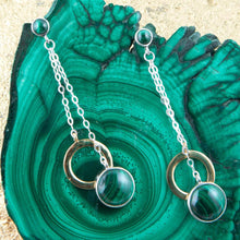 Load image into Gallery viewer, Circle Green Malachite and Two-Toned Metal Dangle Earrings