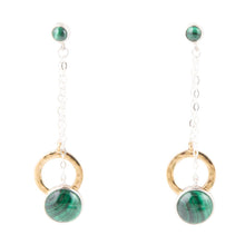 Load image into Gallery viewer, Circle Green Malachite and Two-Toned Metal Dangle Earrings