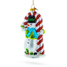 Load image into Gallery viewer, Snowman with the Mint Candy Cane Glass Christmas Ornament