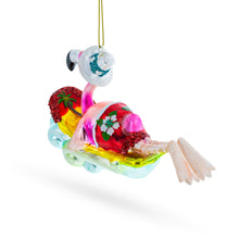 Load image into Gallery viewer, Pink Flamingo Riding a Surf Wave Glass Christmas Ornament