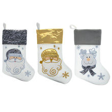 Load image into Gallery viewer, Set of 3 Gold and Silver, on White Felt Santa, Reindeer Christmas Stockings 15 Inches