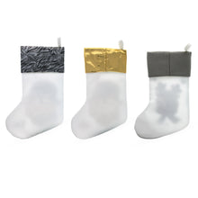 Load image into Gallery viewer, Set of 3 Gold and Silver, on White Felt Santa, Reindeer Christmas Stockings 15 Inches
