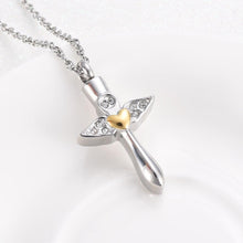 Load image into Gallery viewer, Angel Wings Cross &amp; Heart with Rhinestones Cremation Urn Necklace