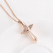 Load image into Gallery viewer, Angel Wings Cross &amp; Heart with Rhinestones Cremation Urn Necklace