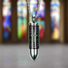 Load image into Gallery viewer, Black Bullet Cremation Urn Necklace Engraved With A Cross &amp; The Lord's Prayer