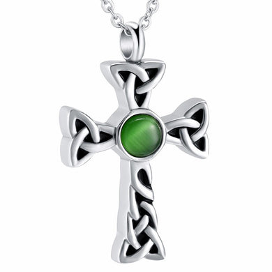 Celtic Cross With Green Rhinestone Cremation Urn Necklace