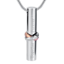 Load image into Gallery viewer, Cylinder Cremation Urn Necklace With Infinity Band Engraved "Together Forever In Loving Memory"