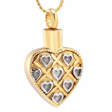 Load image into Gallery viewer, Gold Heart Shaped Cremation Urn Necklace With Silver Hearts