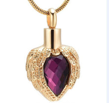 Load image into Gallery viewer, Golden Angel Wings Heart Cremation Urn Necklace With Gemstone