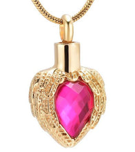 Load image into Gallery viewer, Golden Angel Wings Heart Cremation Urn Necklace With Gemstone