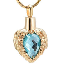 Load image into Gallery viewer, Golden Angel Wings Heart Cremation Urn Necklace With Gemstone