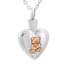 Load image into Gallery viewer, Golden Cute Teddy Bear &amp; Heart Cremation Urn Necklace