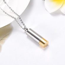 Load image into Gallery viewer, Hunter Silver &amp; Gold Shotgun Shell Cylinder Cremation Urn Necklace With A Deer