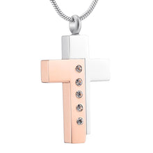 Load image into Gallery viewer, Modern Style Two Tone Cross Cremation Urn Necklace With Gem Rhinestones
