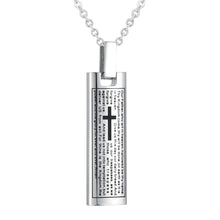Load image into Gallery viewer, Silver Cremation Urn Necklace Etched With The Lord's Prayer &amp; Cross