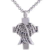 Load image into Gallery viewer, Silver Cross And Angel Wings Cremation Urn Necklace