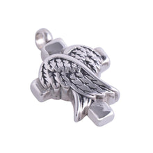 Load image into Gallery viewer, Silver Cross And Angel Wings Cremation Urn Necklace